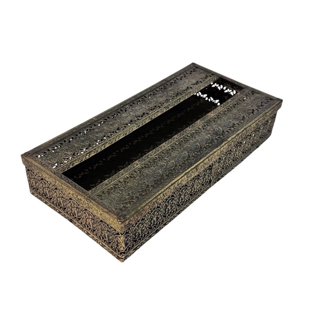 Vintage Hollywood Regency Brass Tissue Box Gold Tone Cherubs Filigree